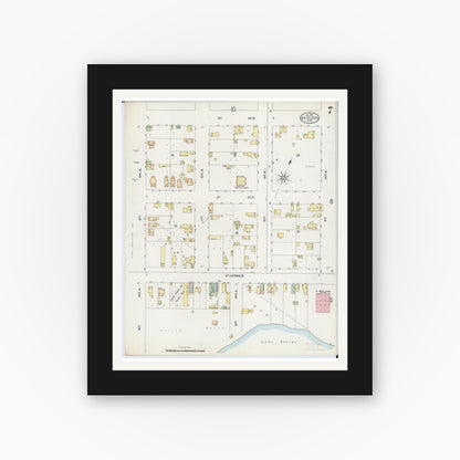 Old map wall art mockup — black gallery frame with white mat — Sanborn Fire Insurance Map from Saint Cloud, Stearns, Benton, and Sherburne Counties, Minnesota (1898), Sheet #0007