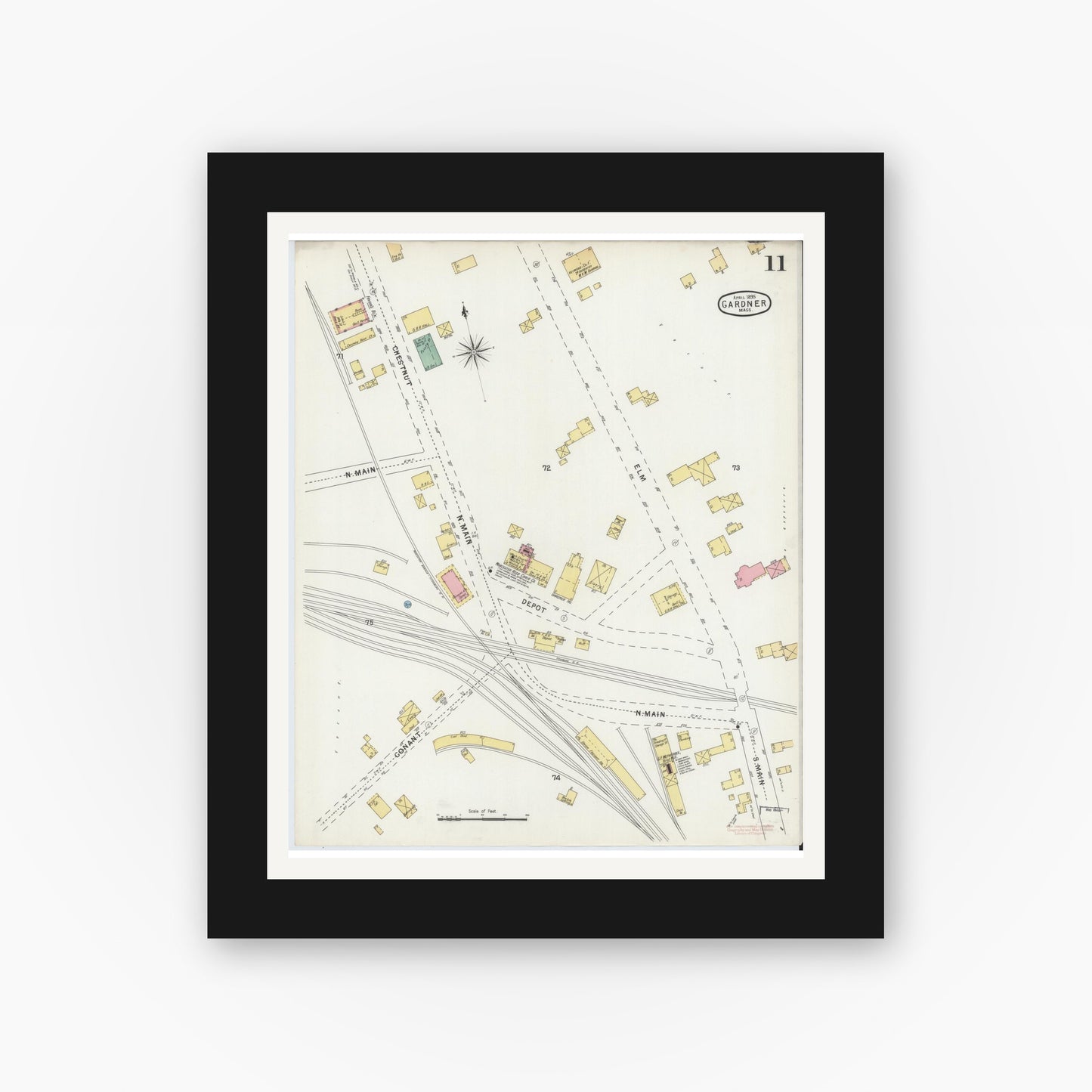 Old map wall art mockup — black gallery frame with white mat — Sanborn Fire Insurance Map from Gardner, Worcester County, Massachusetts (1895), Sheet #0011