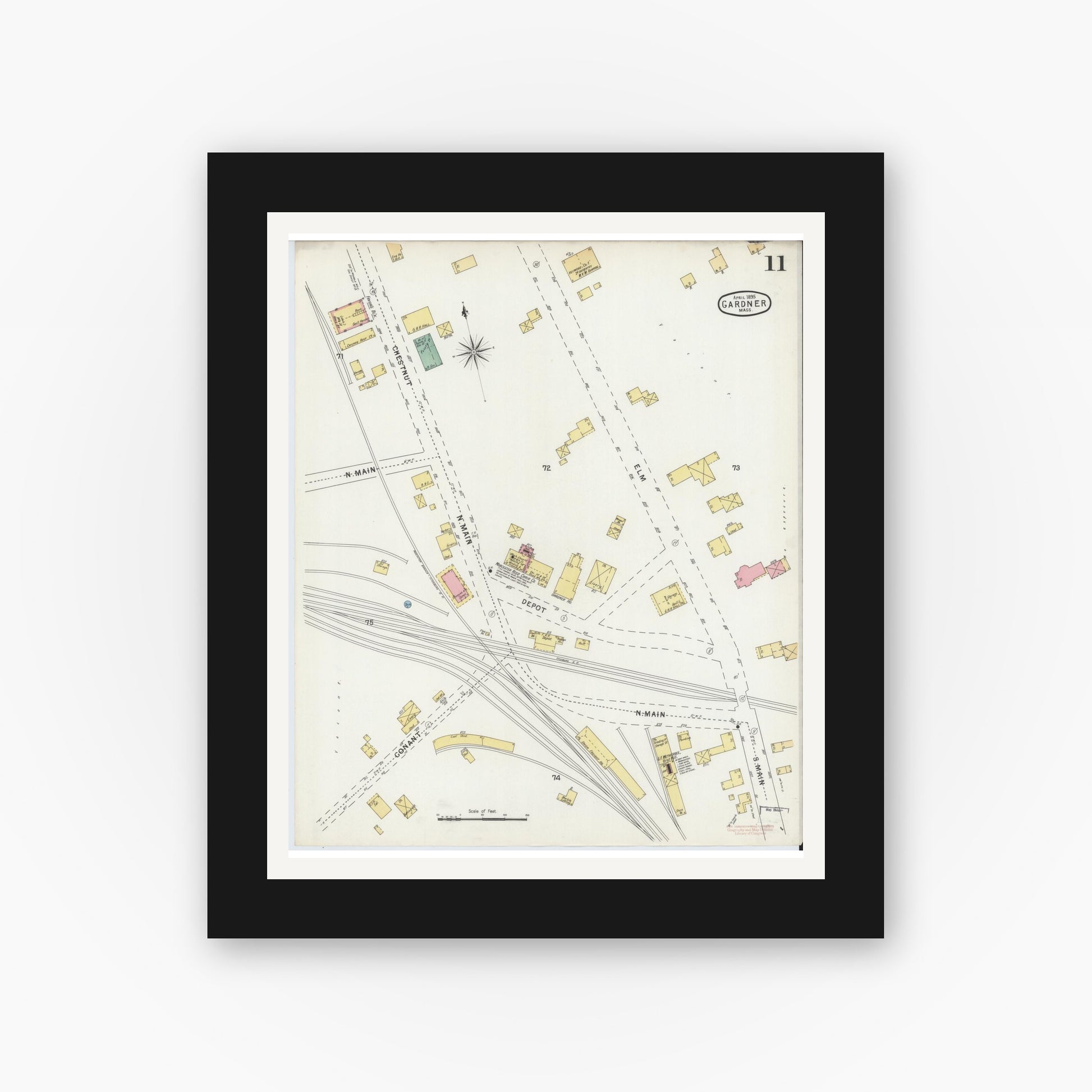 Old map wall art mockup — black gallery frame with white mat — Sanborn Fire Insurance Map from Gardner, Worcester County, Massachusetts (1895), Sheet #0011