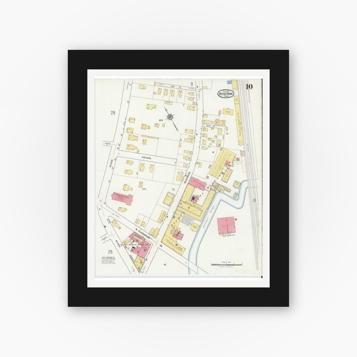 Old map wall art mockup — black gallery frame with white mat — Sanborn Fire Insurance Map from Hyde Park, Norfolk County, Massachusetts (1917), Sheet #0010