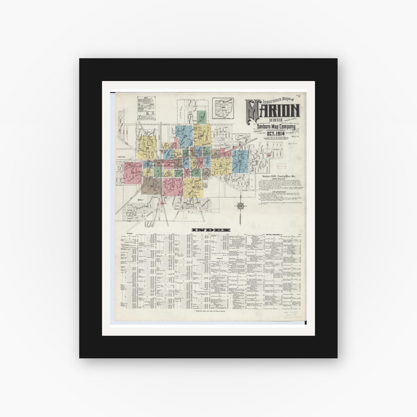 Old map wall art mockup — black gallery frame with white mat — Sanborn Fire Insurance Map from Marion, Marion County, Ohio (1914) - Complete Map Set