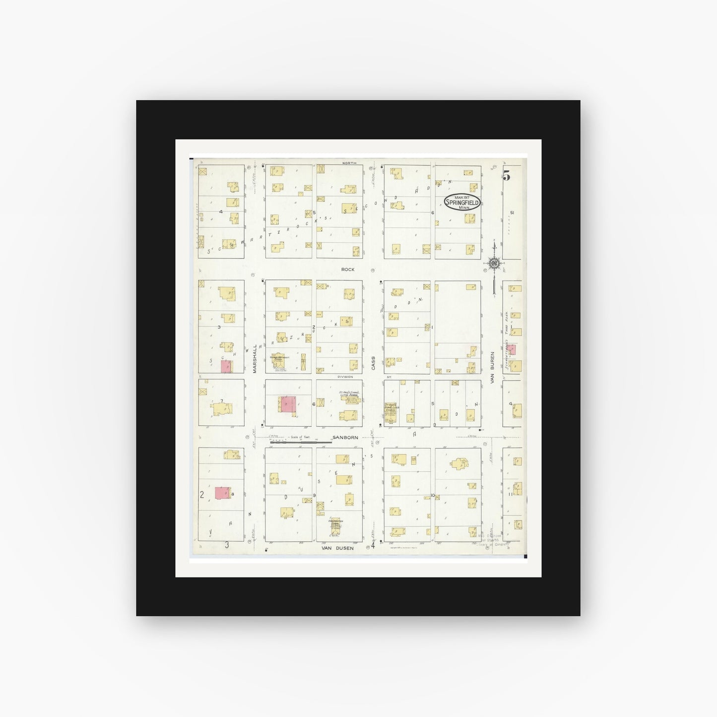 Old map wall art mockup — black gallery frame with white mat — Sanborn Fire Insurance Map from Springfield, Brown County, Minnesota (1917), Sheet #0005