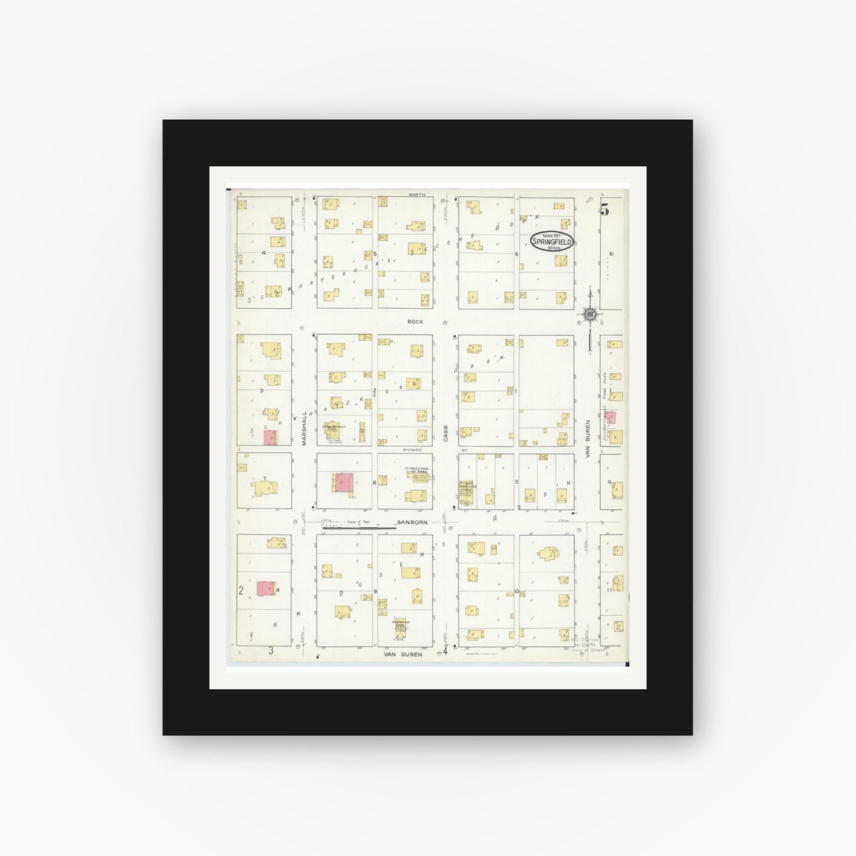 Old map wall art mockup — black gallery frame with white mat — Sanborn Fire Insurance Map from Springfield, Brown County, Minnesota (1917), Sheet #0005
