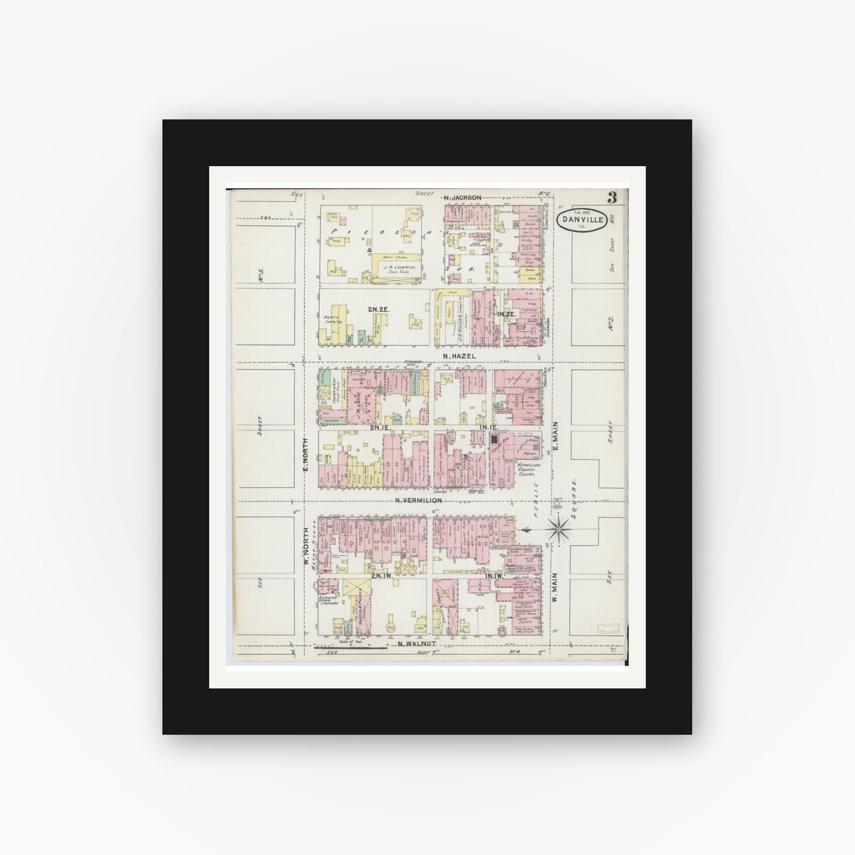 Old map wall art mockup — black gallery frame with white mat — Sanborn Fire Insurance Map from Danville, Vermilion County, Illinois (1890), Sheet #0003