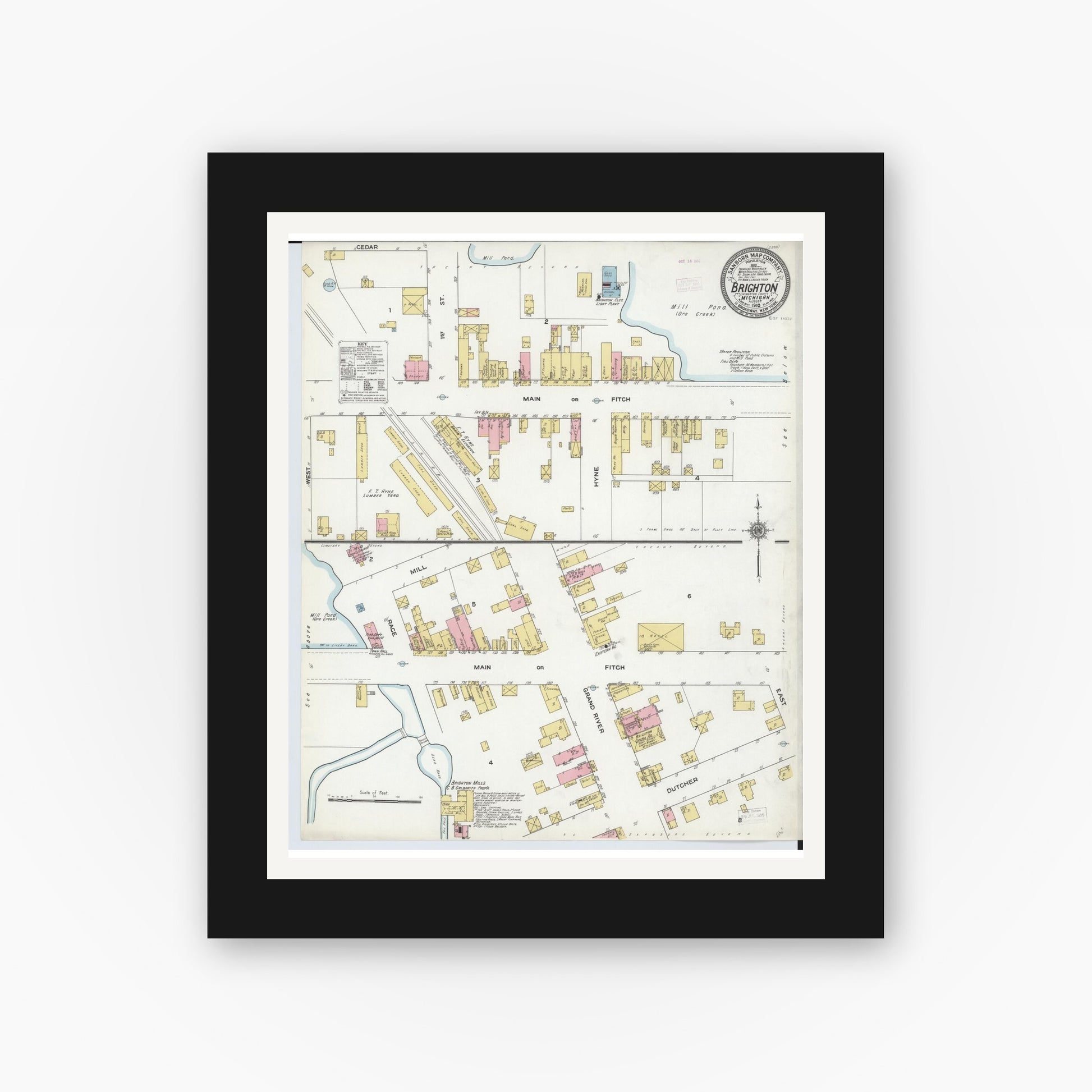 Old map wall art mockup — black gallery frame with white mat — Sanborn Fire Insurance Map from Brighton, Livingston County, Michigan (1910), Sheet #0001
