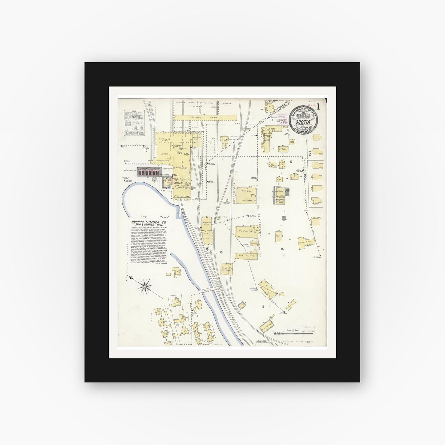 Old map wall art mockup — black gallery frame with white mat — Sanborn Fire Insurance Map from Scotia, Humboldt County, California (1908) - Complete Map Set