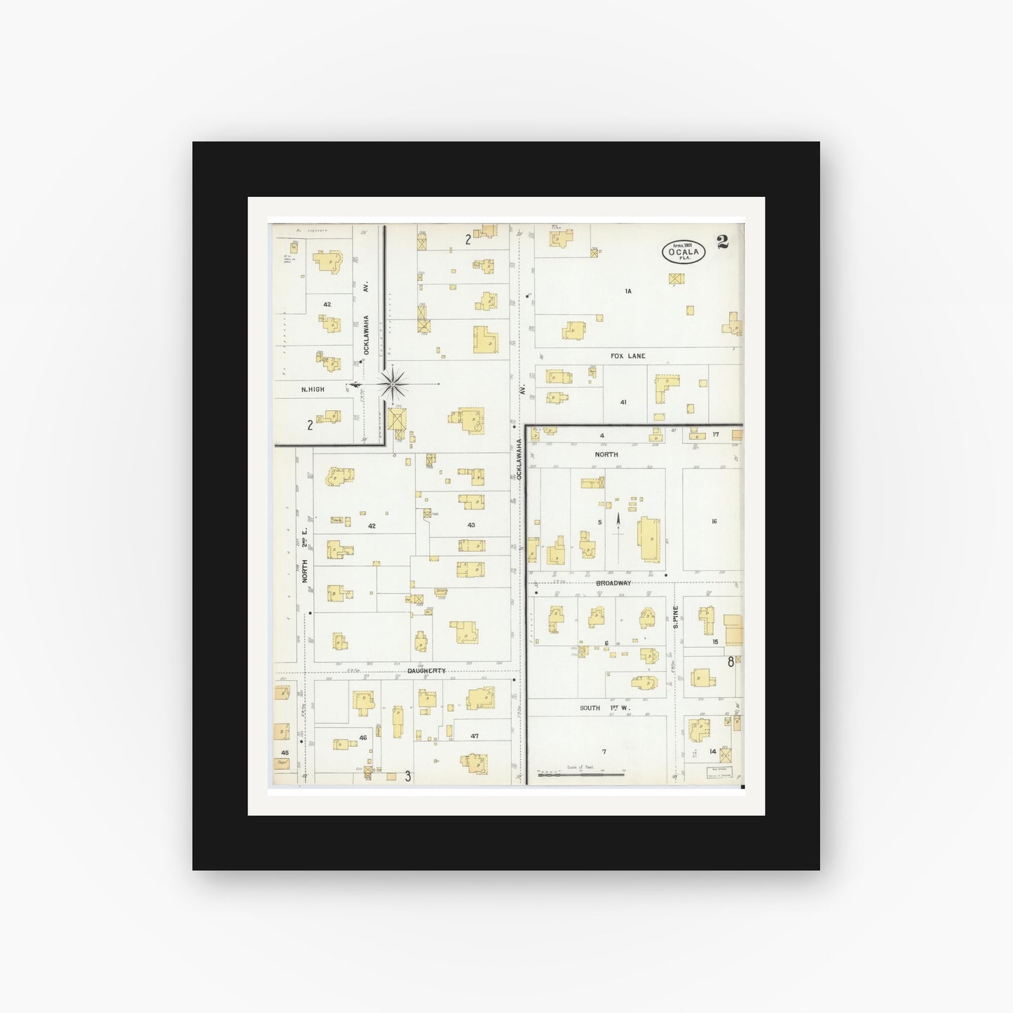Old map wall art mockup — black gallery frame with white mat — Sanborn Fire Insurance Map from Ocala, Marion County, Florida (1901), Sheet #0002