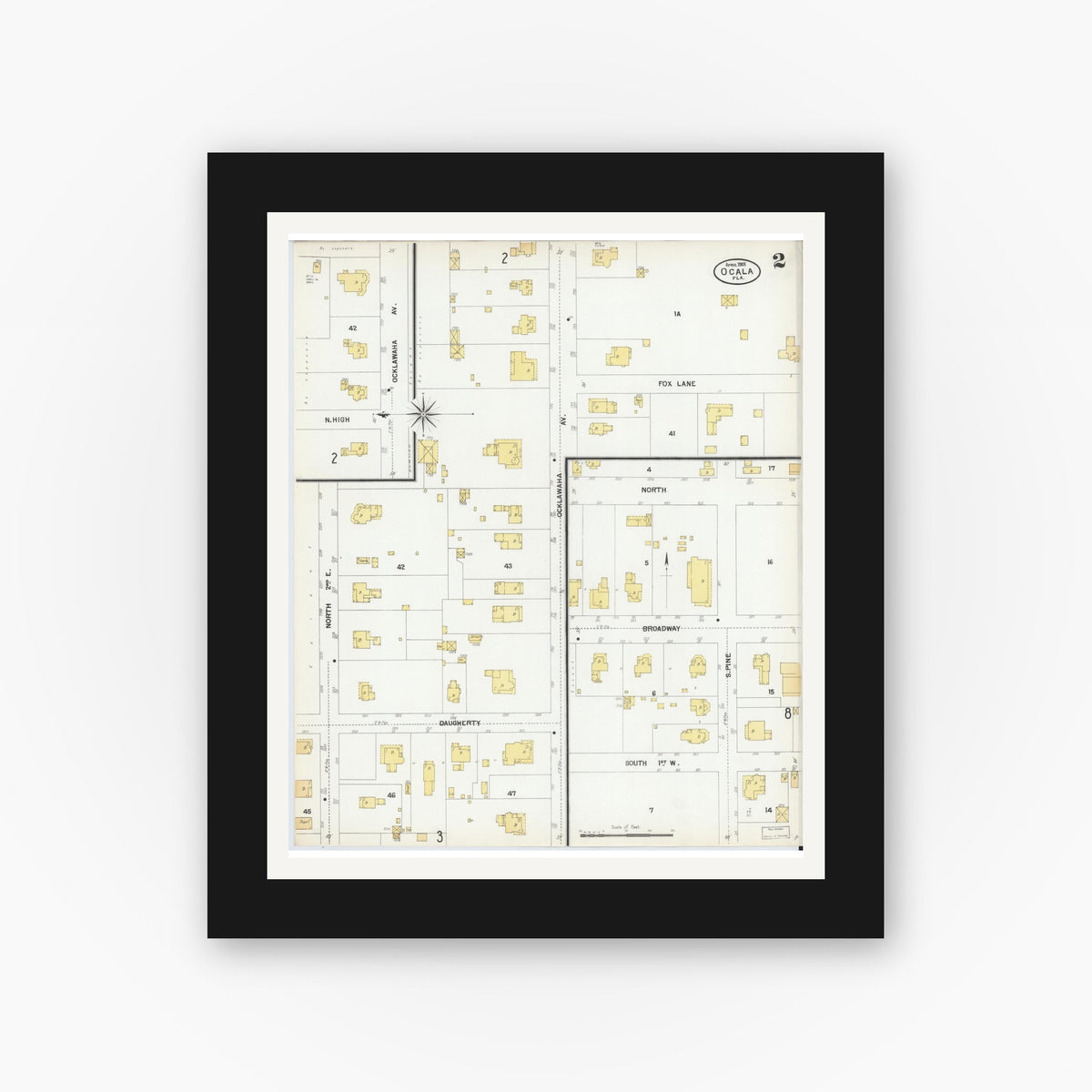 Old map wall art mockup — black gallery frame with white mat — Sanborn Fire Insurance Map from Ocala, Marion County, Florida (1901), Sheet #0002
