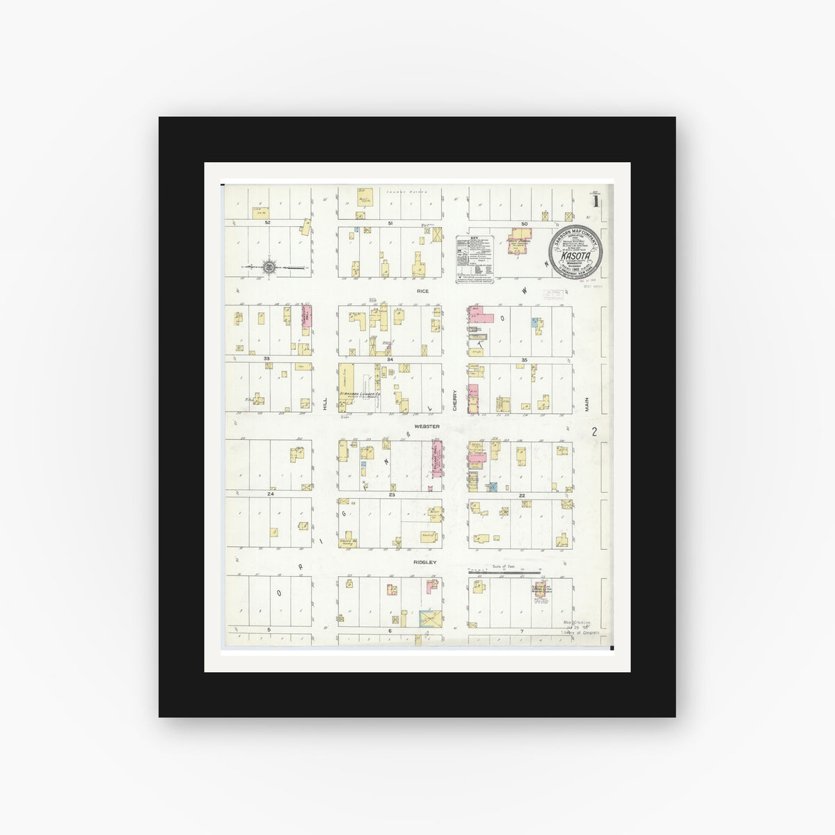 Old map wall art mockup — black gallery frame with white mat — Sanborn Fire Insurance Map from Kasota, Le Sueur County, Minnesota (1910) - Complete Map Set