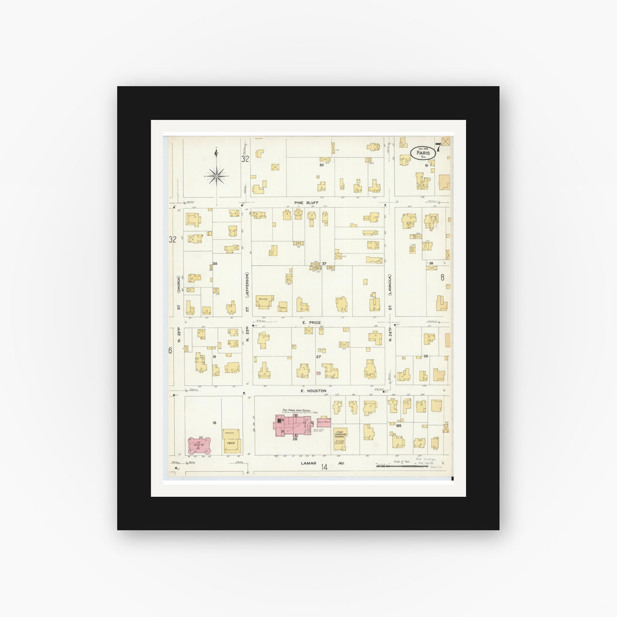 Old map wall art mockup — black gallery frame with white mat — Sanborn Fire Insurance Map from Paris, Lamar County, Texas (1908), Sheet #0007