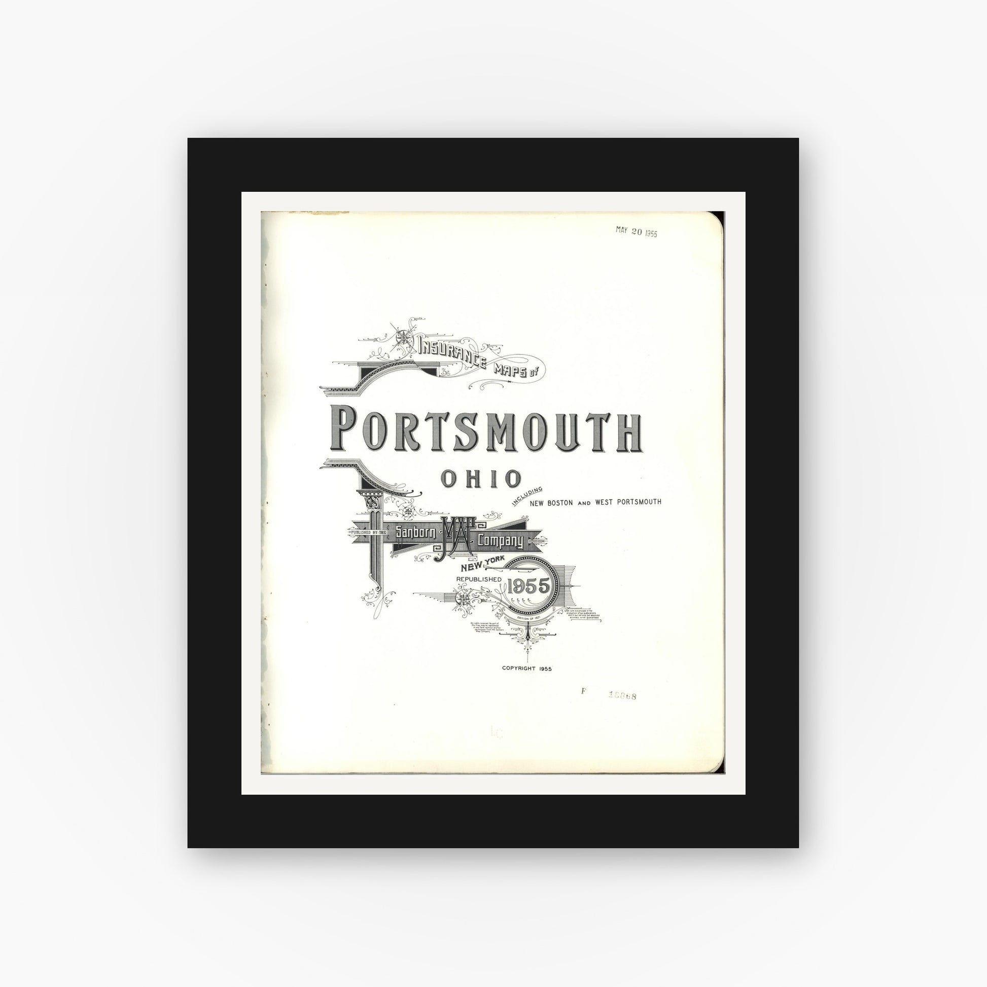 Old map wall art mockup — black gallery frame with white mat — Sanborn Fire Insurance Map from Portsmouth, Scioto County, Ohio (1955), Sheet #0001