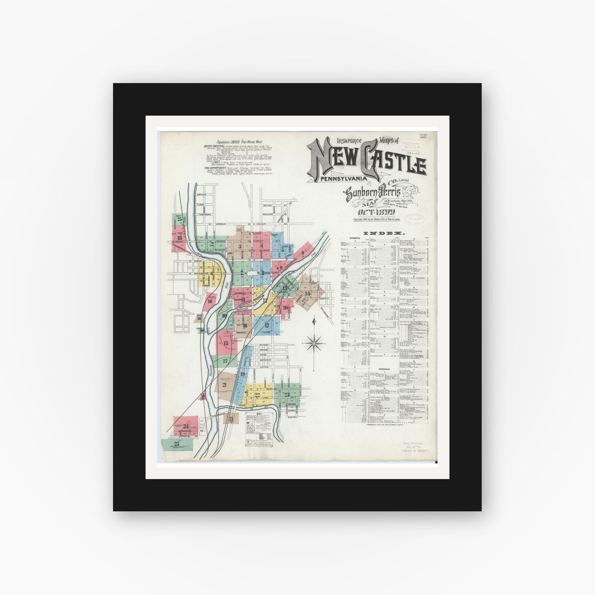 Old map wall art mockup — black gallery frame with white mat — Sanborn Fire Insurance Map from New Castle, Lawrence County, Pennsylvania (1899) - Complete Map Set