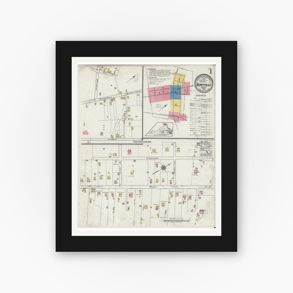 Old map wall art mockup — black gallery frame with white mat — Sanborn Fire Insurance Map from Berryville, Clark County, Virginia (1921), Sheet #0001