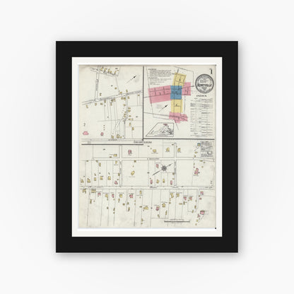 Old map wall art mockup — black gallery frame with white mat — Sanborn Fire Insurance Map from Berryville, Clark County, Virginia (1921), Sheet #0001