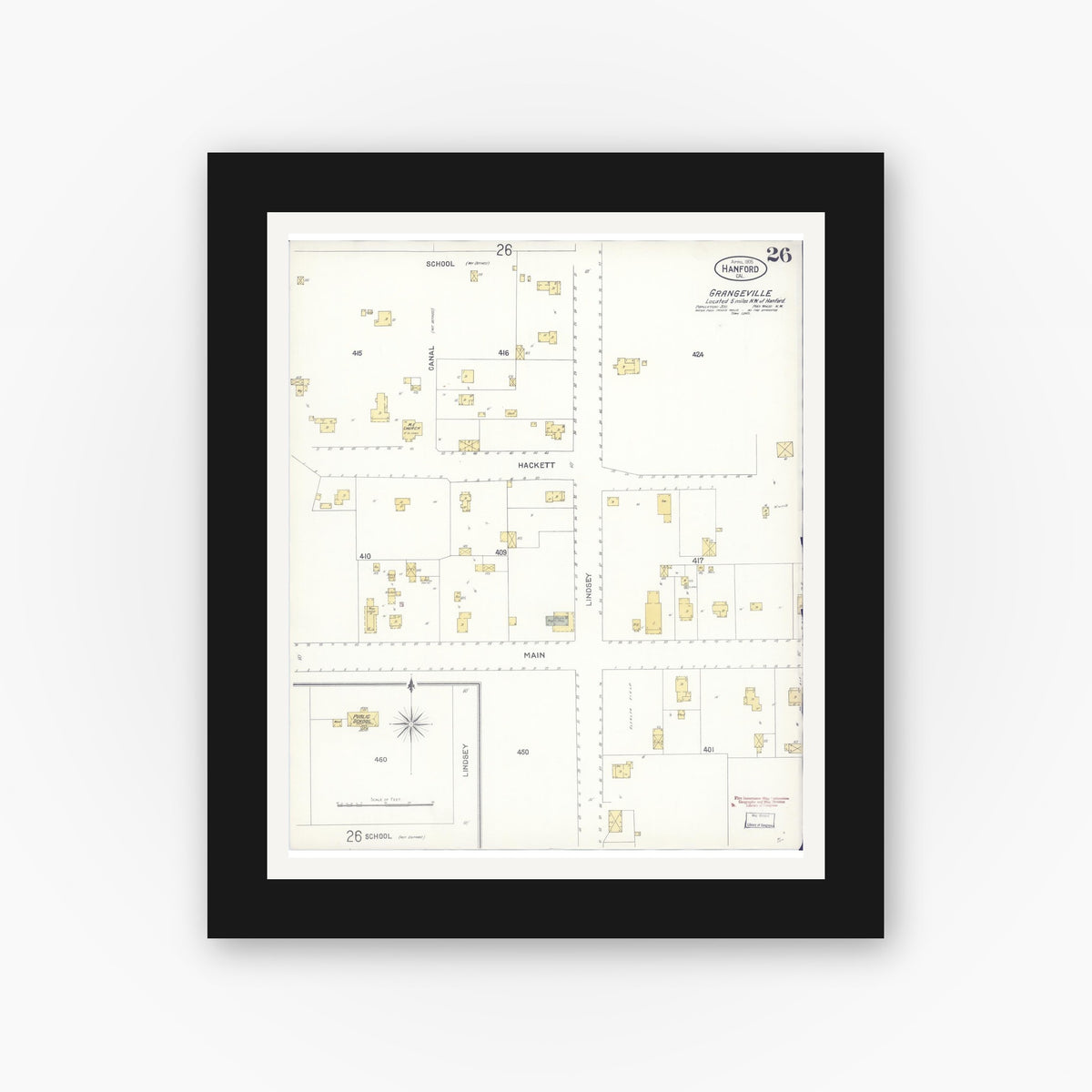 Old map wall art mockup — black gallery frame with white mat — Sanborn Fire Insurance Map from Hanford, Kings County, California (1905), Sheet #0026