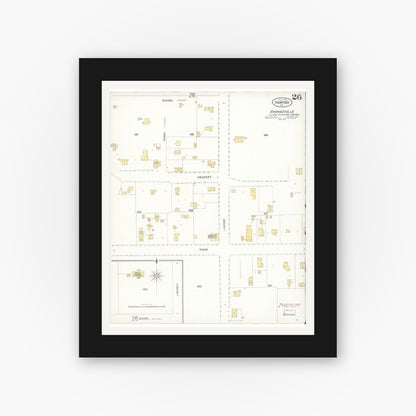 Old map wall art mockup — black gallery frame with white mat — Sanborn Fire Insurance Map from Hanford, Kings County, California (1905), Sheet #0026