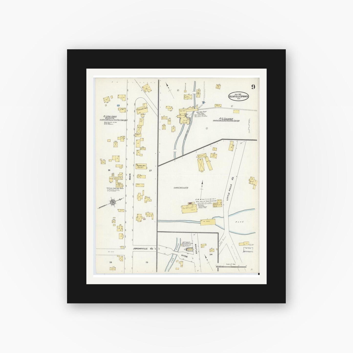 Old map wall art mockup — black gallery frame with white mat — Sanborn Fire Insurance Map from Richfield Springs, Otsego County, New York (1910), Sheet #0009