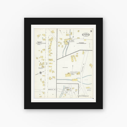 Old map wall art mockup — black gallery frame with white mat — Sanborn Fire Insurance Map from Richfield Springs, Otsego County, New York (1910), Sheet #0009