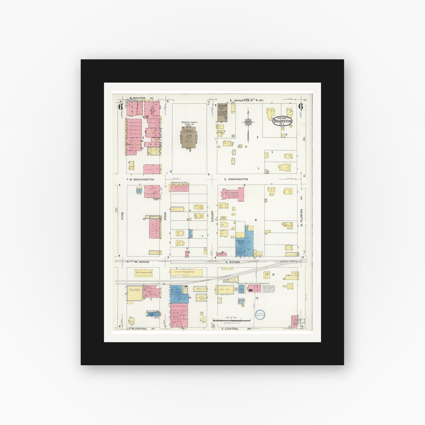Old map wall art mockup — black gallery frame with white mat — Sanborn Fire Insurance Map from Bradentown, Manatee County, Florida (1926), Sheet #0006