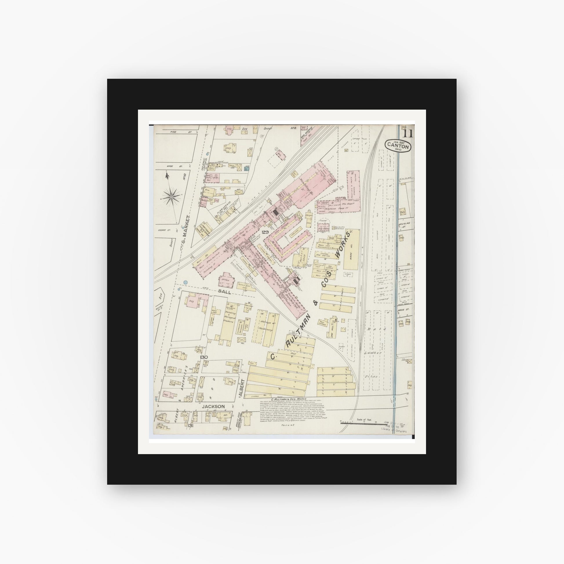 Old map wall art mockup — black gallery frame with white mat — Sanborn Fire Insurance Map from Canton, Stark County, Ohio (1887), Sheet #0011