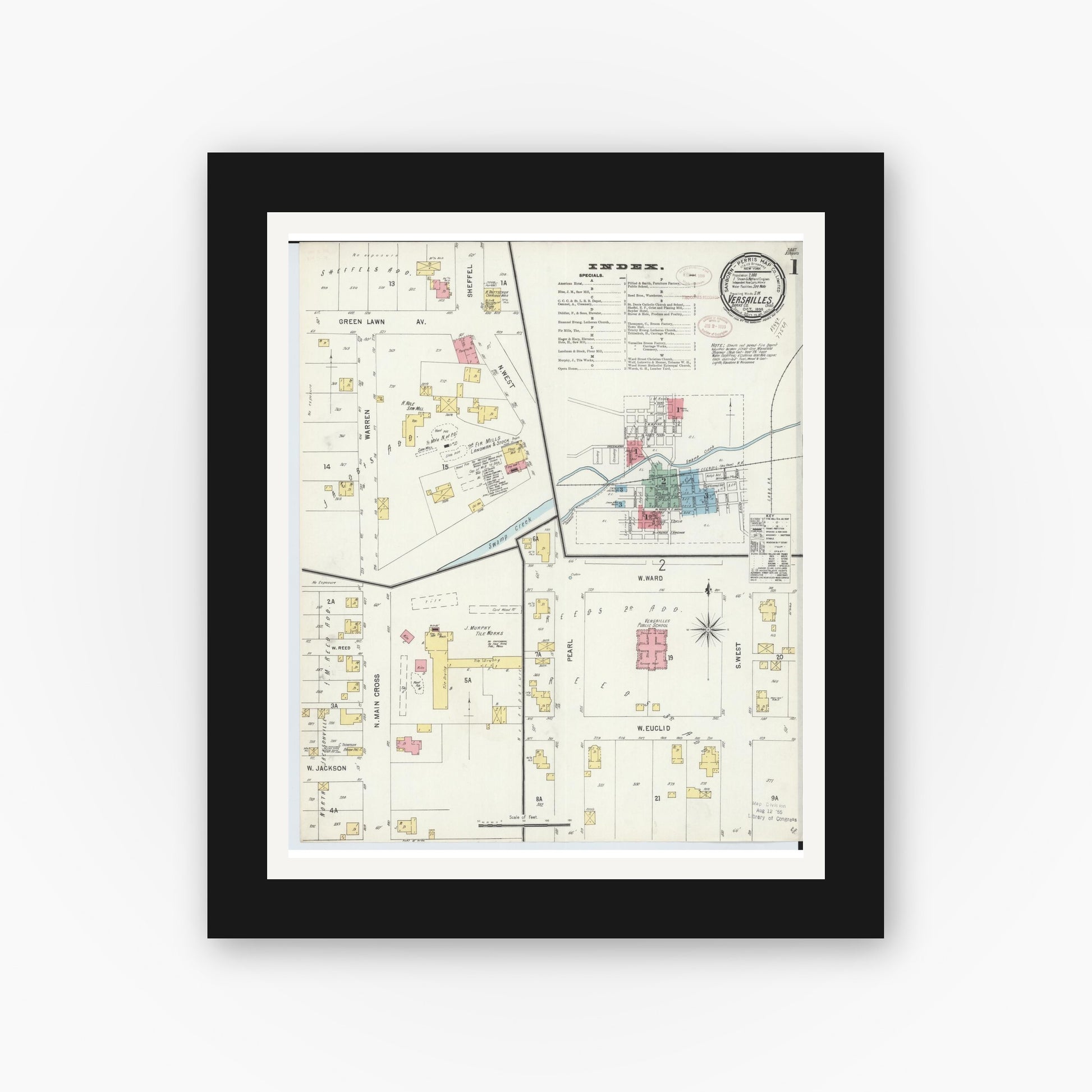 Old map wall art mockup — black gallery frame with white mat — Sanborn Fire Insurance Map from Versailles, Darke County, Ohio (1898) - Complete Map Set