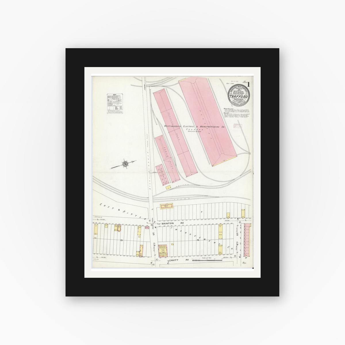 Old map wall art mockup — black gallery frame with white mat — Sanborn Fire Insurance Map from Trafford, Westmoreland County, Pennsylvania (1909) - Complete Map Set