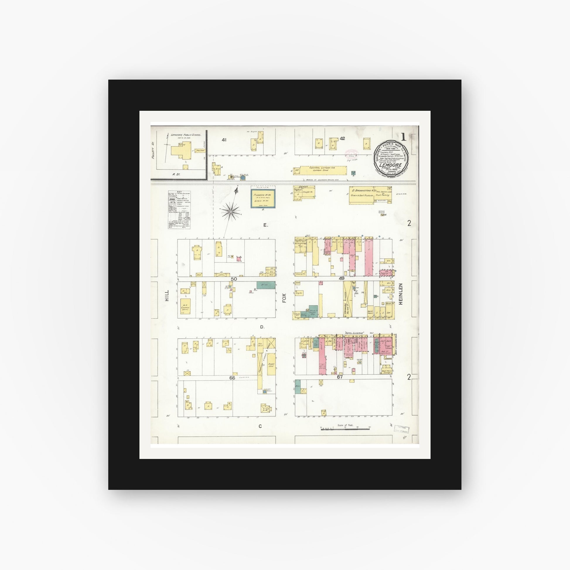 Old map wall art mockup — black gallery frame with white mat — Sanborn Fire Insurance Map from Lemoore, Kings County, California (1896) - Complete Map Set