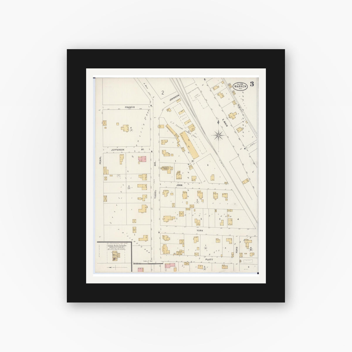 Old map wall art mockup — black gallery frame with white mat — Sanborn Fire Insurance Map from Warren, Jo Daviess County, Illinois (1898), Sheet #0003