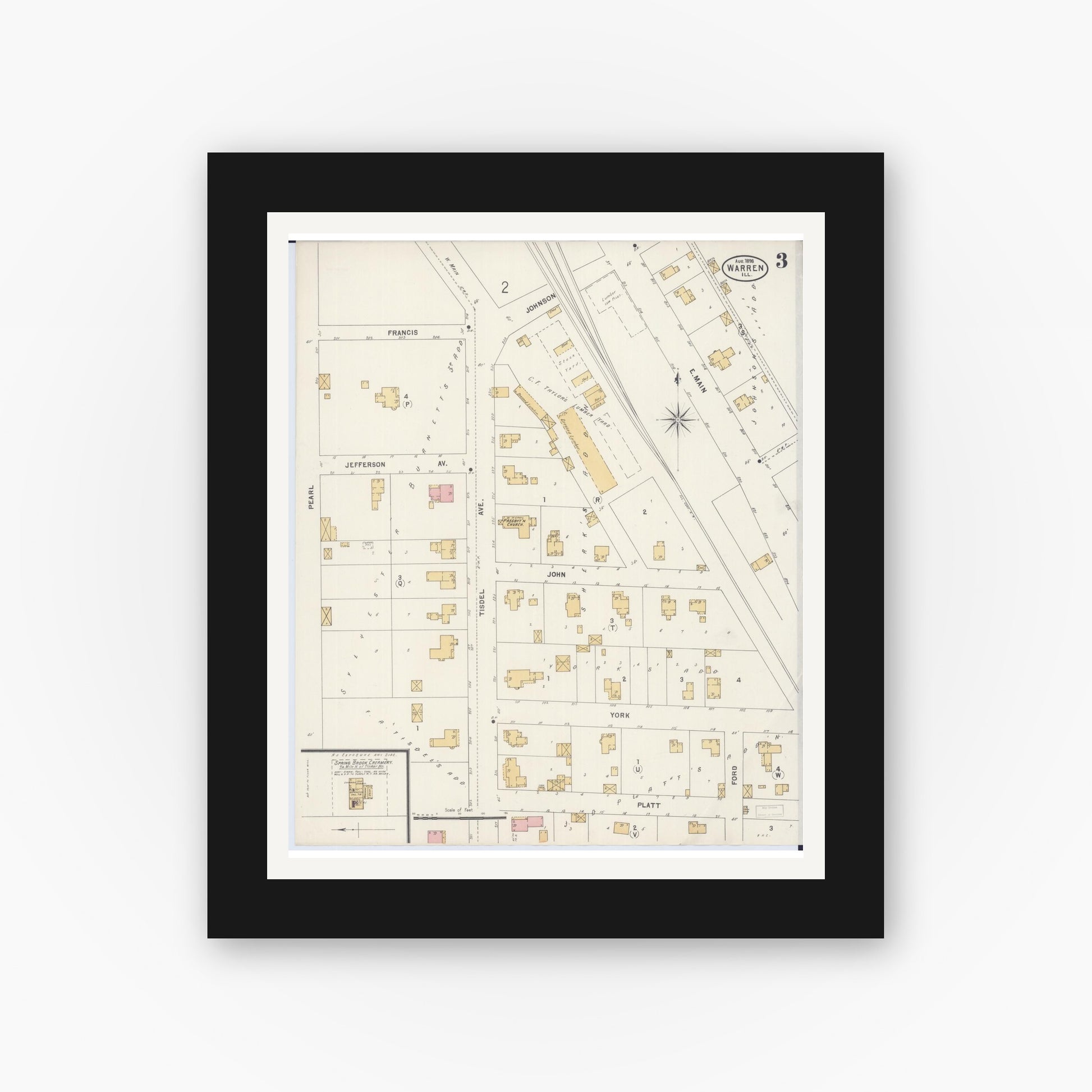 Old map wall art mockup — black gallery frame with white mat — Sanborn Fire Insurance Map from Warren, Jo Daviess County, Illinois (1898), Sheet #0003