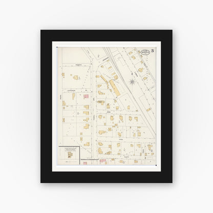 Old map wall art mockup — black gallery frame with white mat — Sanborn Fire Insurance Map from Warren, Jo Daviess County, Illinois (1898), Sheet #0003
