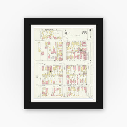 Old map wall art mockup — black gallery frame with white mat — Sanborn Fire Insurance Map from Madison, Jefferson County, Indiana (1911), Sheet #0008