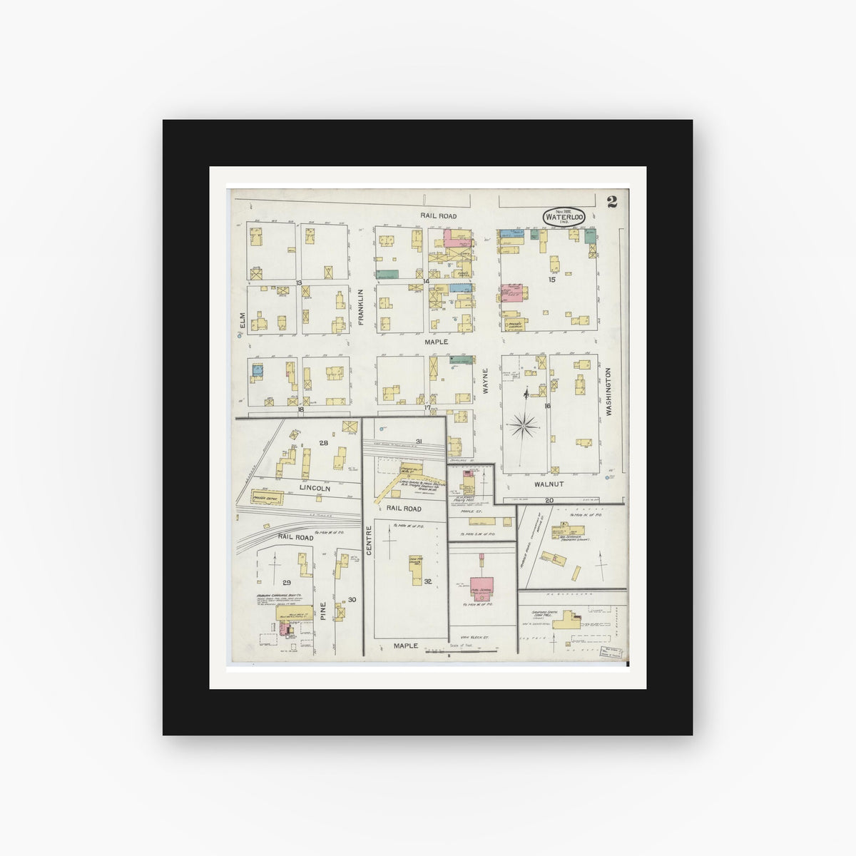 Old map wall art mockup — black gallery frame with white mat — Sanborn Fire Insurance Map from Waterloo, De Kalb County, Indiana (1892), Sheet #0002