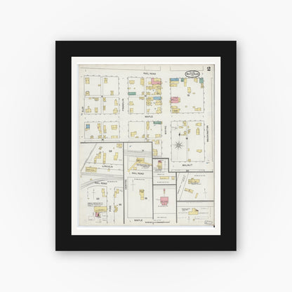 Old map wall art mockup — black gallery frame with white mat — Sanborn Fire Insurance Map from Waterloo, De Kalb County, Indiana (1892), Sheet #0002