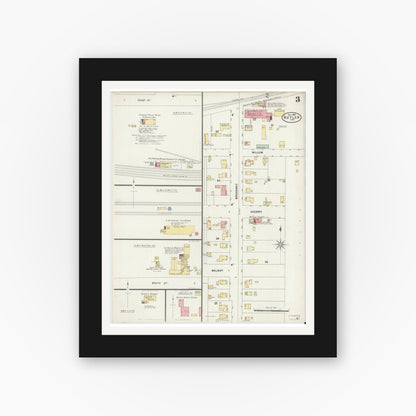 Old map wall art mockup — black gallery frame with white mat — Sanborn Fire Insurance Map from Butler, De Kalb County, Indiana (1897), Sheet #0003