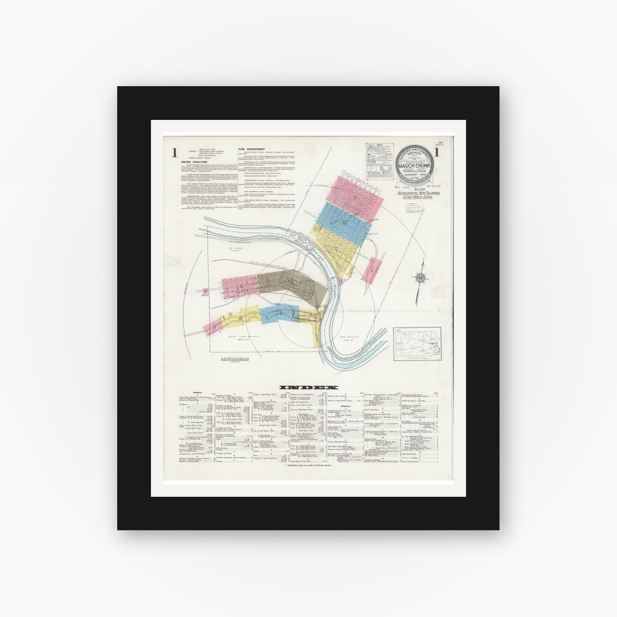 Old map wall art mockup — black gallery frame with white mat — Sanborn Fire Insurance Map from Mauch Chunk, Carbon County, Pennsylvania (1930), Sheet #0001