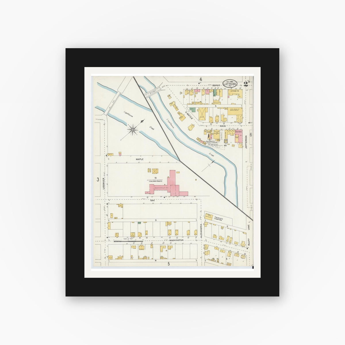 Old map wall art mockup — black gallery frame with white mat — Sanborn Fire Insurance Map from Latrobe, Westmoreland County, Pennsylvania (1903), Sheet #0002