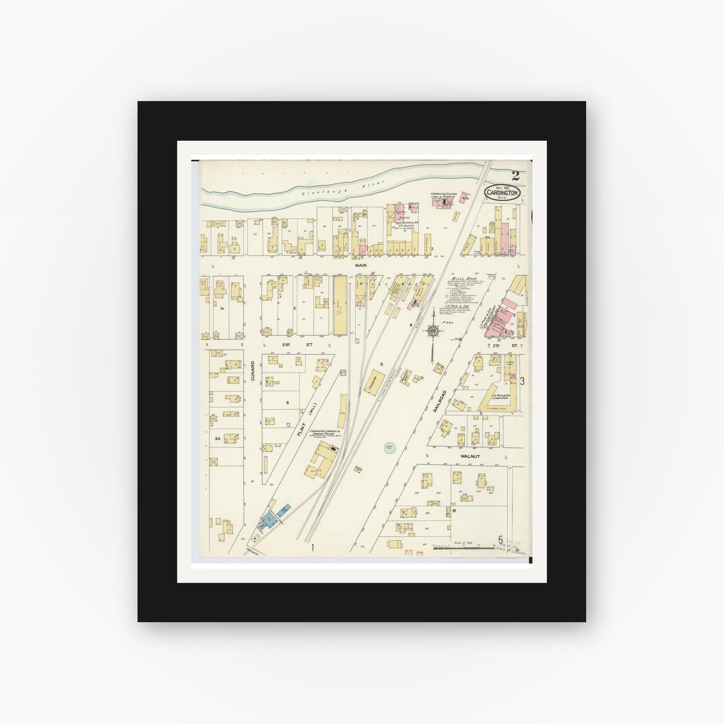 Old map wall art mockup — black gallery frame with white mat — Sanborn Fire Insurance Map from Cardington, Morrow County, Ohio (1912), Sheet #0002