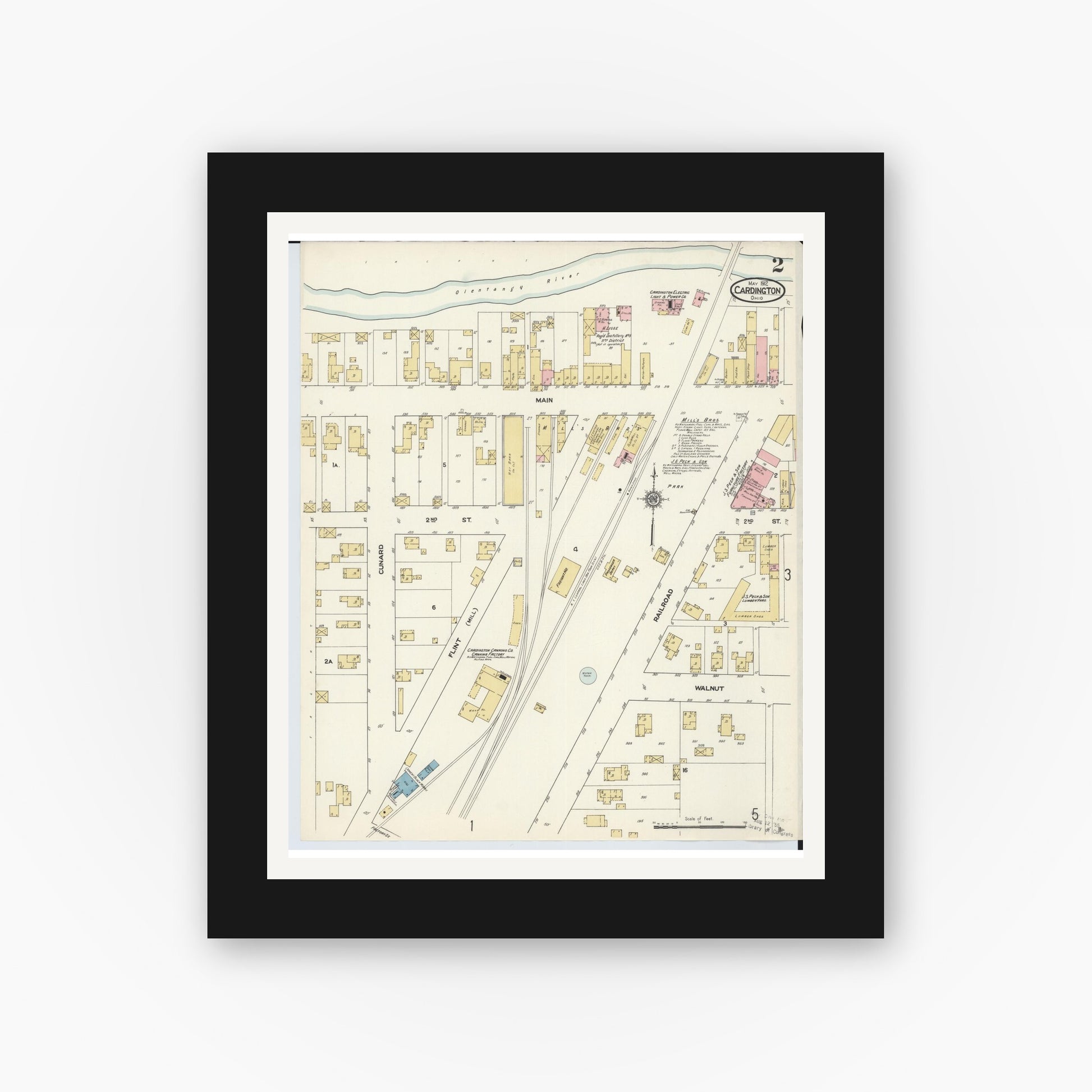 Old map wall art mockup — black gallery frame with white mat — Sanborn Fire Insurance Map from Cardington, Morrow County, Ohio (1912), Sheet #0002