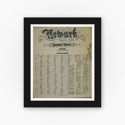 Old map wall art mockup — black gallery frame with white mat — Sanborn Fire Insurance Map from Newark, Essex County, New Jersey (1892), Sheet #0001
