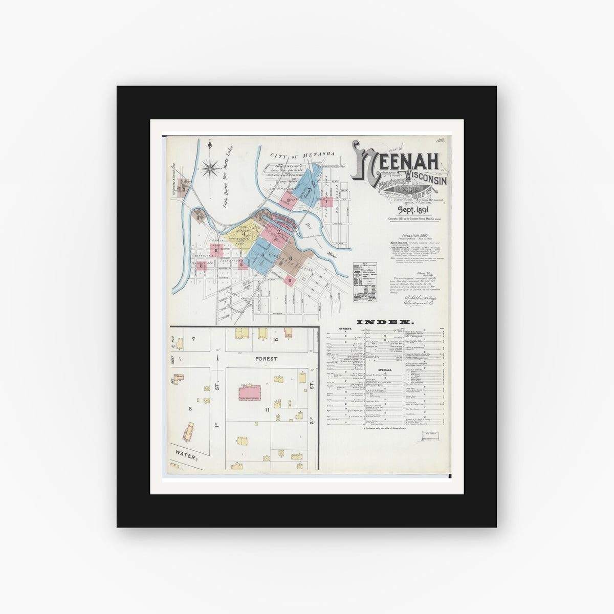 Old map wall art mockup — black gallery frame with white mat — Sanborn Fire Insurance Map from Neenah, Winnebago County, Wisconsin (1891) - Complete Map Set