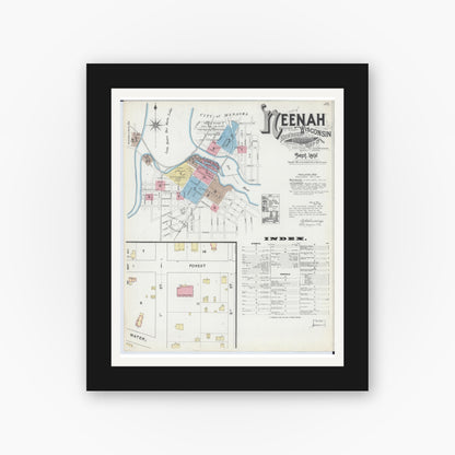 Old map wall art mockup — black gallery frame with white mat — Sanborn Fire Insurance Map from Neenah, Winnebago County, Wisconsin (1891) - Complete Map Set