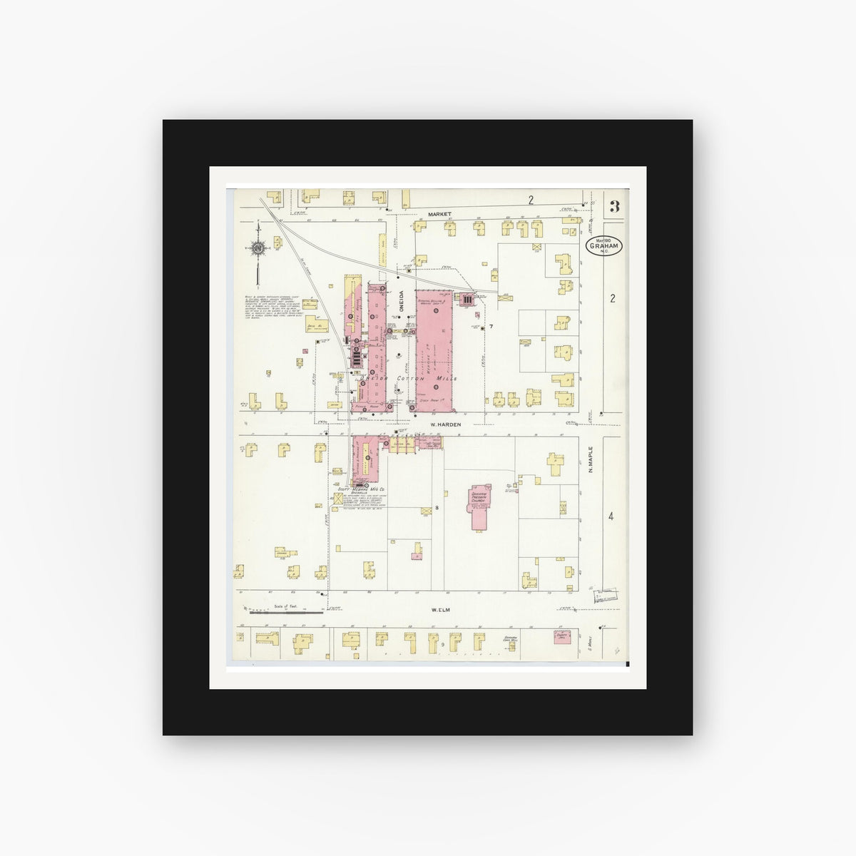 Old map wall art mockup — black gallery frame with white mat — Sanborn Fire Insurance Map from Graham, Alamance County, North Carolina (1910), Sheet #0003