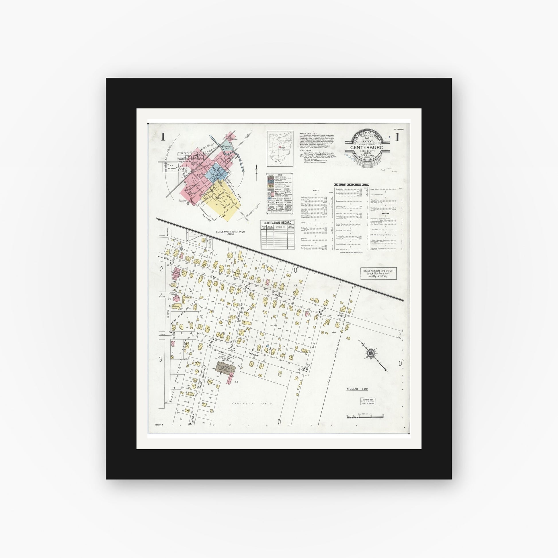 Old map wall art mockup — black gallery frame with white mat — Sanborn Fire Insurance Map from Centerburg, Knox County, Ohio (1949) - Complete Map Set