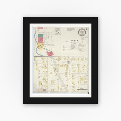 Old map wall art mockup — black gallery frame with white mat — Sanborn Fire Insurance Map from Utica, Licking County, Ohio (1907), Sheet #0001