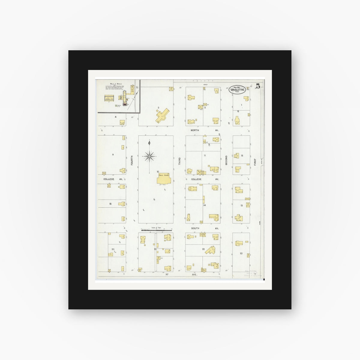 Old map wall art mockup — black gallery frame with white mat — Sanborn Fire Insurance Map from Van Alstyne, Grayson County, Texas (1901), Sheet #0005