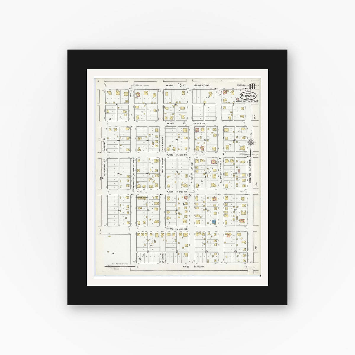 Old map wall art mockup — black gallery frame with white mat — Sanborn Fire Insurance Map from Plainview, Hale County, Texas (1921), Sheet #0018