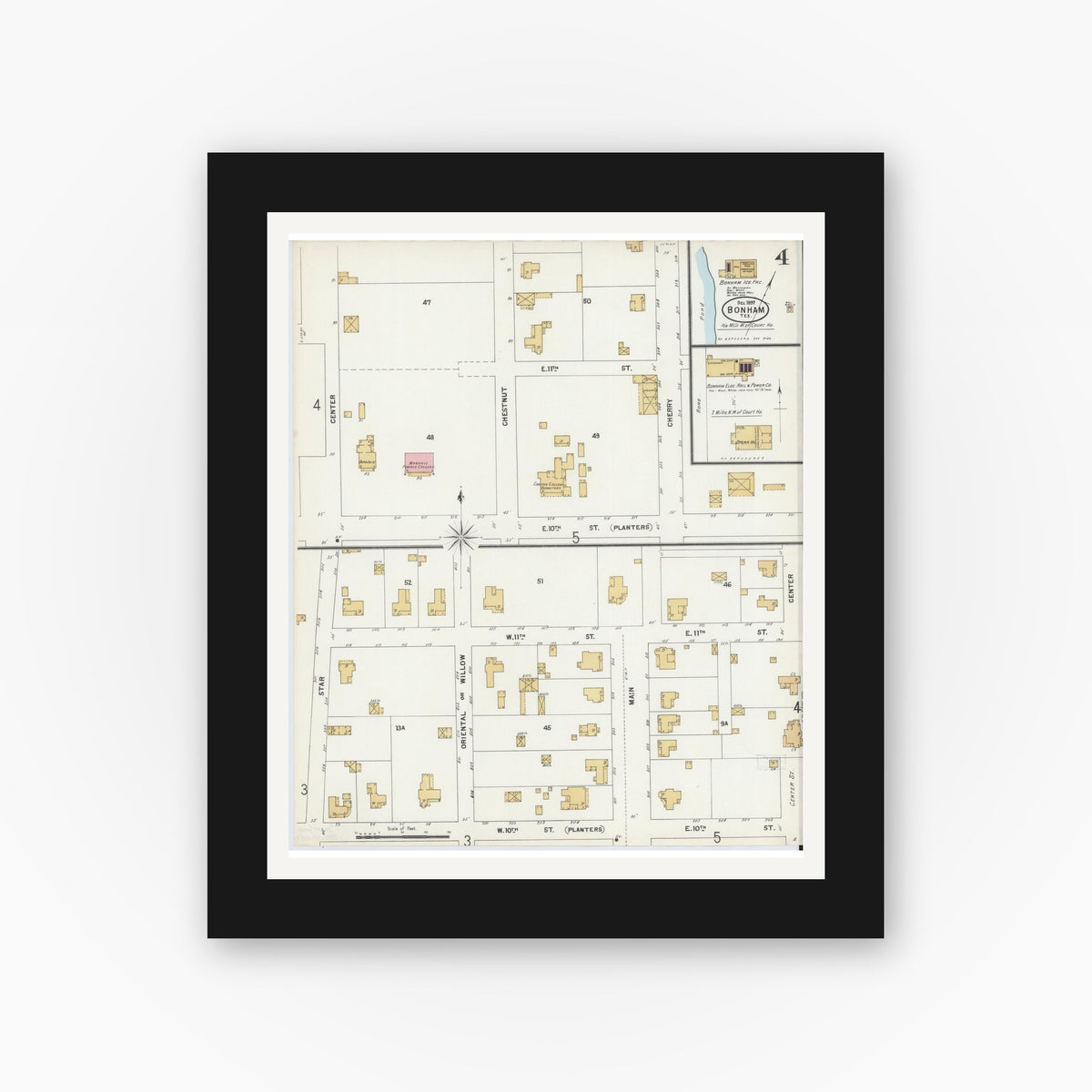 Old map wall art mockup — black gallery frame with white mat — Sanborn Fire Insurance Map from Bonham, Fannin County, Texas (1897), Sheet #0004