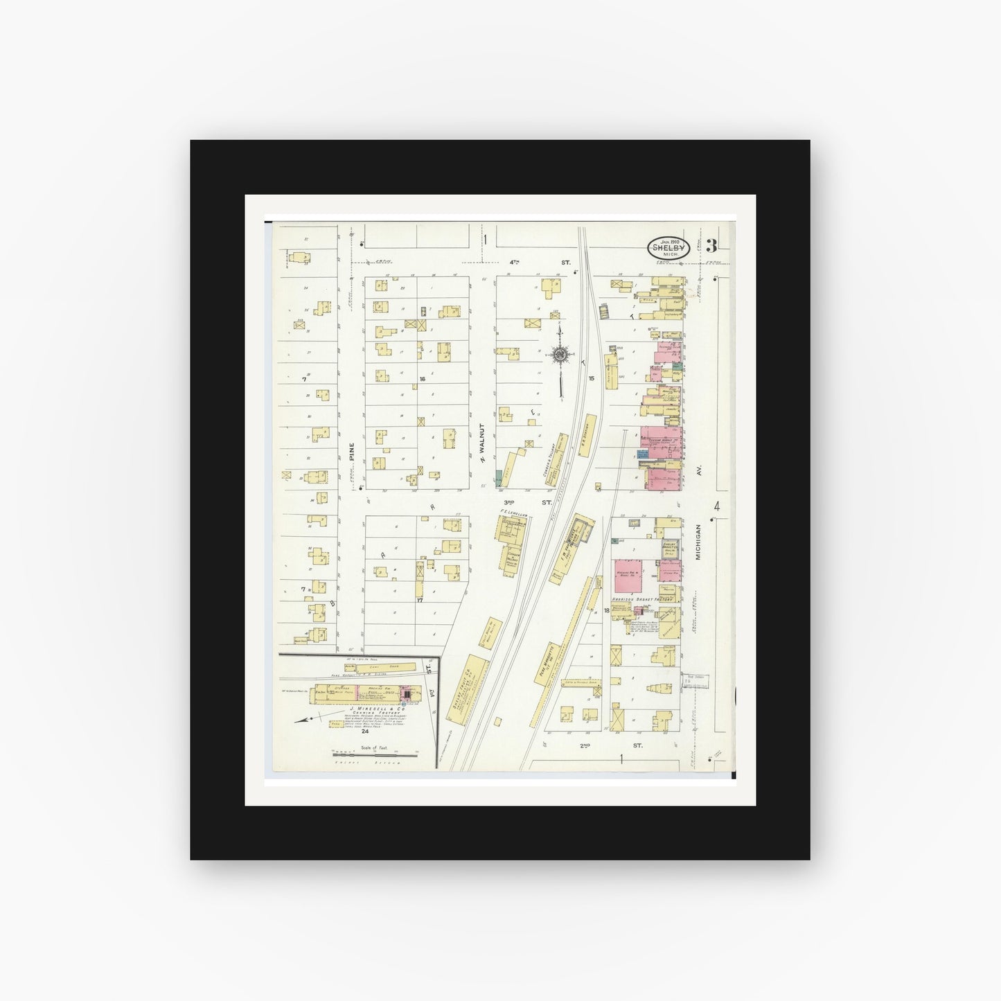 Old map wall art mockup — black gallery frame with white mat — Sanborn Fire Insurance Map from Shelby, Oceana County, Michigan (1910), Sheet #0003