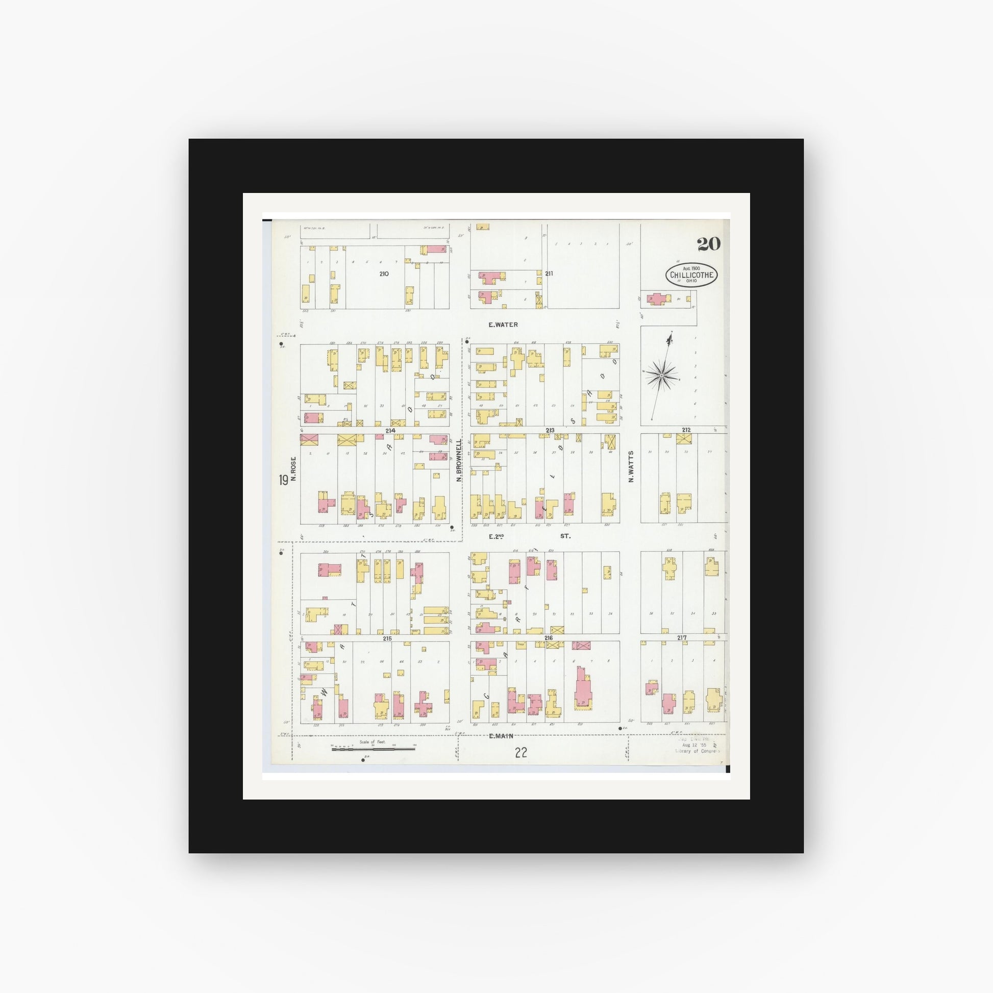 Old map wall art mockup — black gallery frame with white mat — Sanborn Fire Insurance Map from Chillicothe, Ross County, Ohio (1900), Sheet #0020
