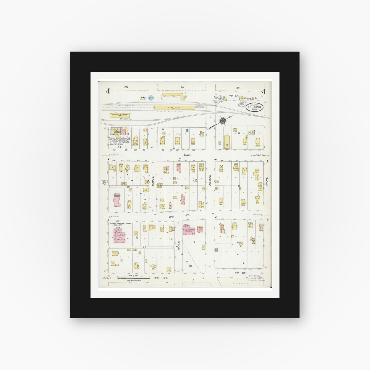 Old map wall art mockup — black gallery frame with white mat — Sanborn Fire Insurance Map from Le Sueur, Le Sueur County, Minnesota (1924), Sheet #0004